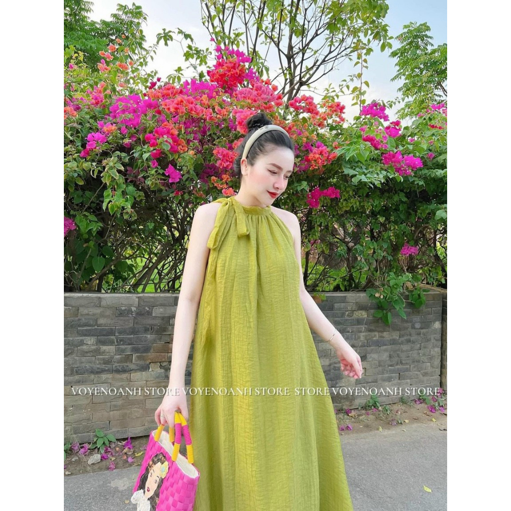 Đầm yếm maxi đi biển, đầm xòe dài, váy đầm nữ cổ yếm cột nơ chất kate mềm mặc đẹp xinh xắn