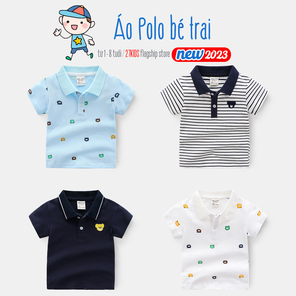 Áo Polo cho bé WELLKIDS họa tiết gấu chất cotton hàng xuất Âu Mỹ