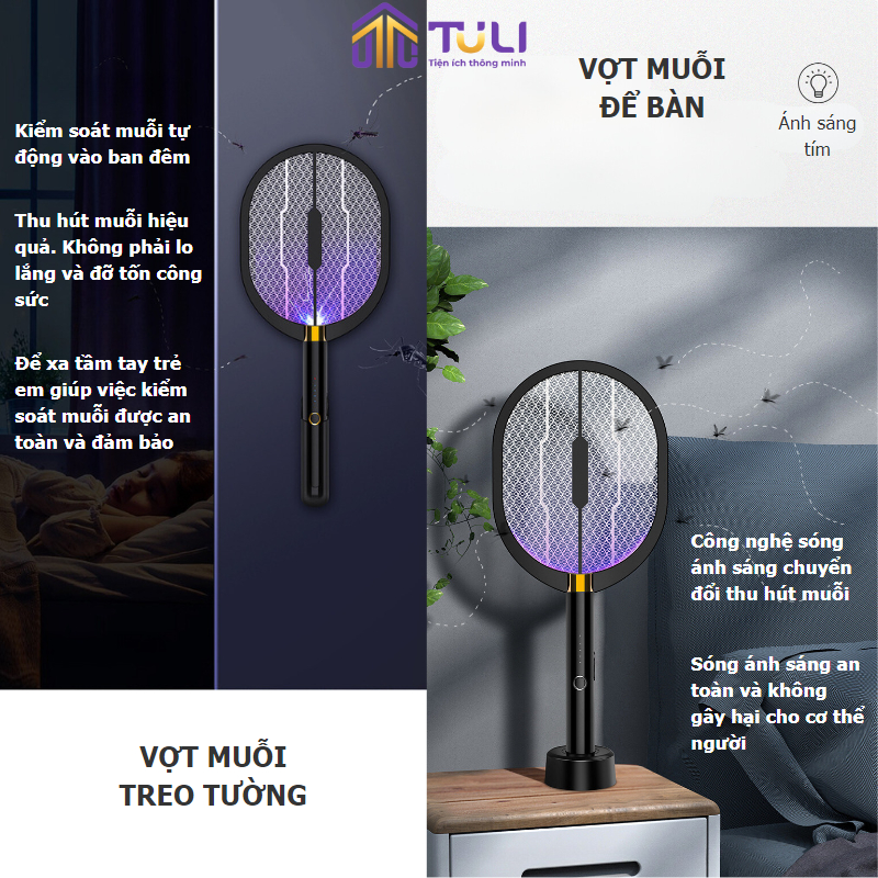 Vợt đèn máy bắt muỗi thông minh TULI 898, đa năng 3 trong 1để bàn và treo tường, đế sạc, ánh sáng tím thu hút diệt muỗi