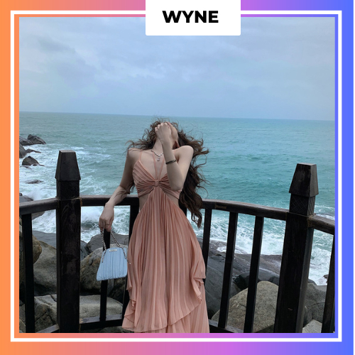 Đầm maxi đi biển Wyne đan dây hở lưng, Đầm khoét eo dập ly 2 tầng phong cách quyến rũ