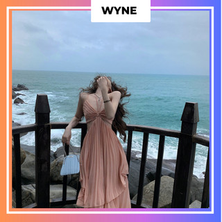 Đầm maxi đi biển Wyne đan dây hở lưng, Đầm khoét eo dập ly 2 tầng phong cách quyến rũ