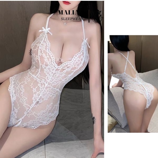 Đồ ngủ bodysuit sexy MALLYN chất ren mềm mịn, xẻ đáy siêu quyến rũ trắng,đen Freesize ML8479