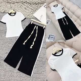 set Bộ Đồ Nữ MPB Áo Ngắn Tay Phối Viền Ôm Body Mix Quần Ống Suông Rộng Dây Rút To Freesize Siêu Đẹp Chuẩn Dáng