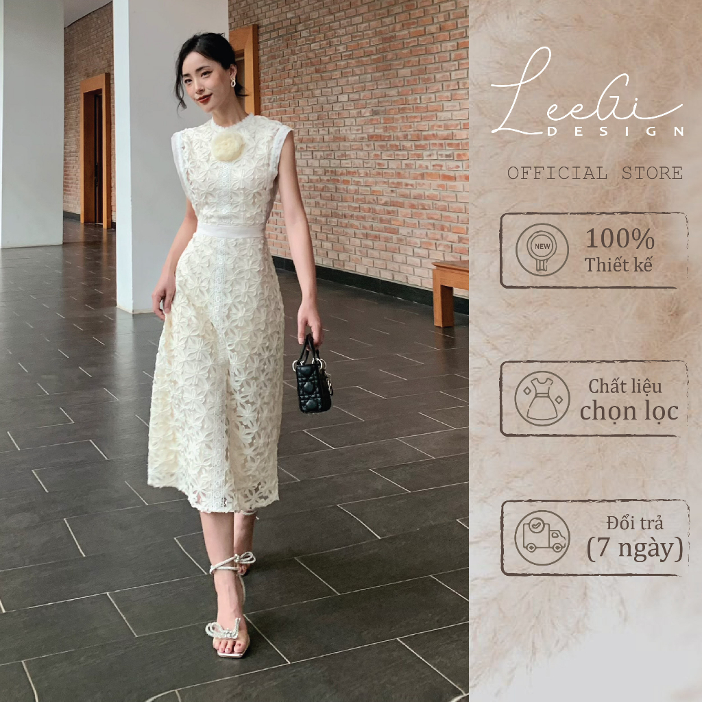 Váy ren hoa kem A dài LeeGi Design thanh lịch đi tiệc hẹn hò chất ren cao cấp Min5998