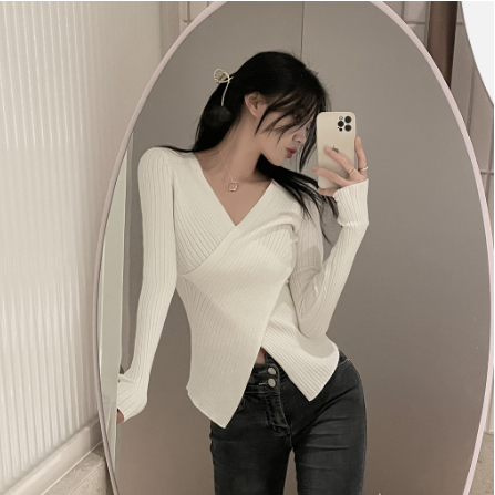 Áo len tay dài cổ chữ V dáng ôm gợi cảm cho nữ Áo len dệt kim tay dài dáng ôm cổ chữ V chéo phong cách Hàn Quốc màu sắc thời trang cho nữ