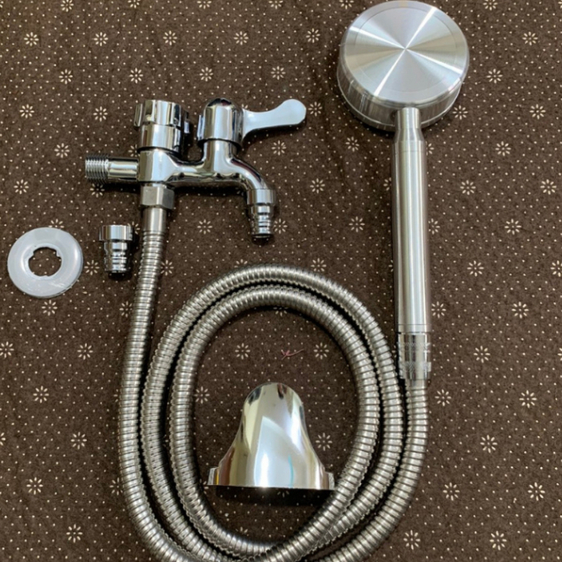 Vòi nước đôi cho máy giặt, Bộ củ sen tắm lạnh kết hợp bát sen tăng áp inox 304 SL01-VHS06 kèm dây và đế cài