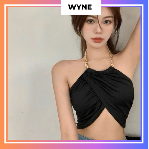 Áo croptop sát nách WYNE hở lưng phối dây xích, Áo cổ yếm mùa hè hở eo phong cách gợi cảm