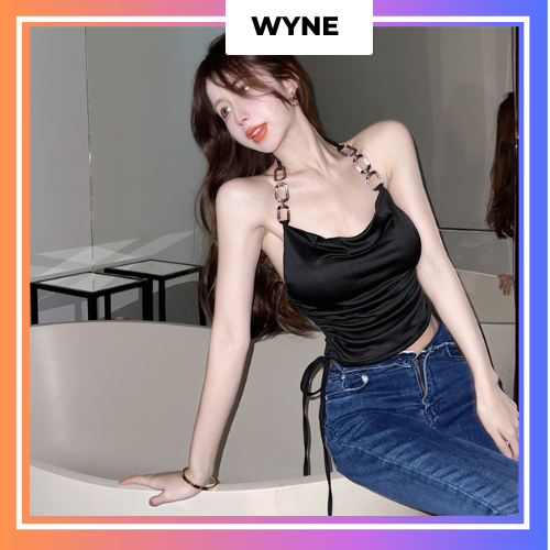 Áo cổ yếm WYNE cổ trễ phối dây xích, Áo croptop hai dây hở lưng trend Hàn Quốc chất lụa phong cách gợi cảm quyến rũ