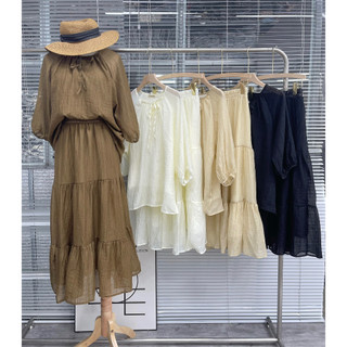 S152 set áo tơ buộc nơ + chân váy tầng audrey