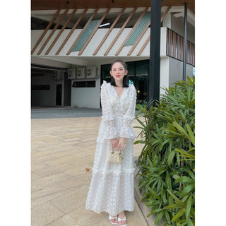 Đầm maxi lông bèo khoét eo