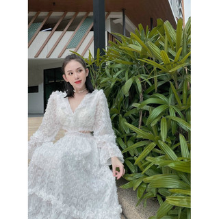 Đầm maxi lông bèo khoét eo