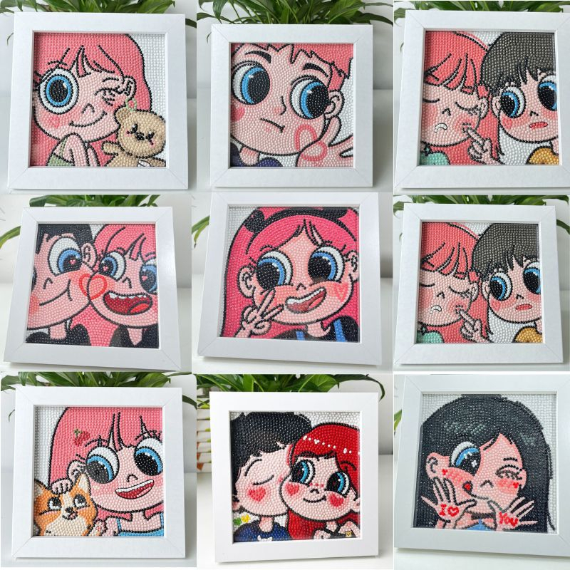 Đính đá tranh , tranh đính đá, đính tranh đá , tranh mini gắn đá hai cô cậu bé 15x15cm