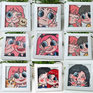 Đính đá tranh , tranh đính đá, đính tranh đá , tranh mini gắn đá hai cô cậu bé 15x15cm
