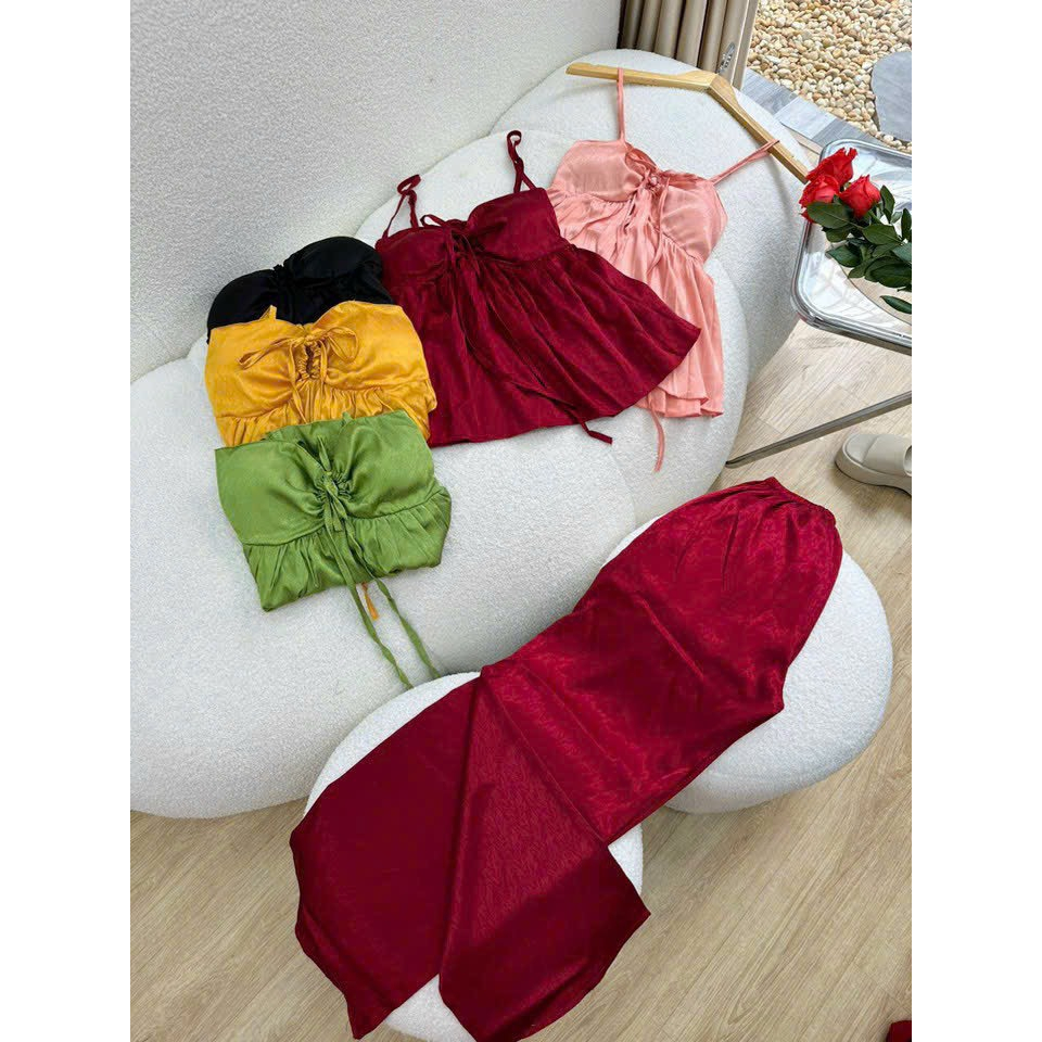 [5,5 Sales Freeship] Set bộ gấm xước, bộ ngủ quần dài, set áo 2 dây cột nơ ngực sexy quần dài ống rộng mát mẻ th