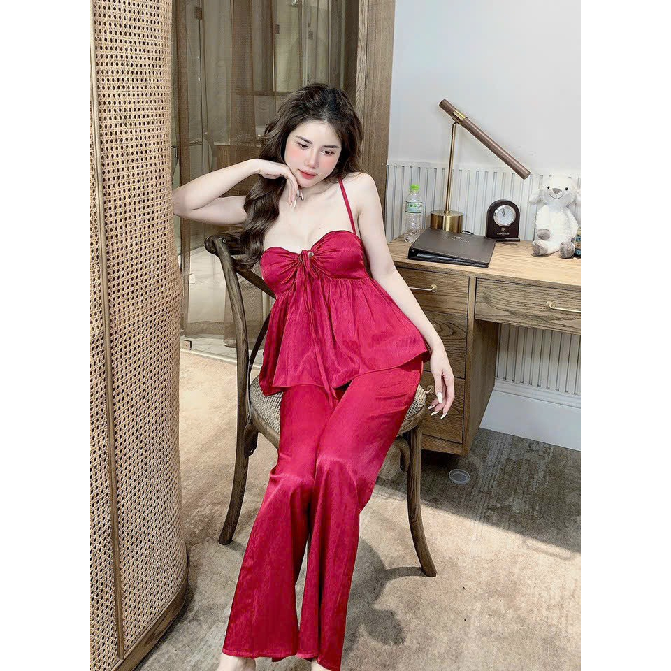 [5,5 Sales Freeship] Set bộ gấm xước, bộ ngủ quần dài, set áo 2 dây cột nơ ngực sexy quần dài ống rộng mát mẻ th