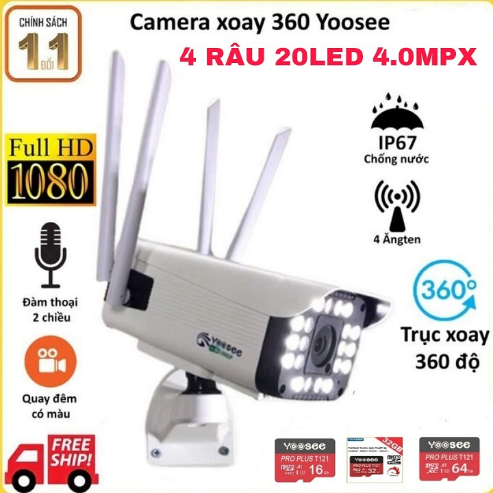 Camera ngoài trời yoosee thân xoay 4 râu 20led quay quét 360 độ, siêu nét, chịu mưa nắng, có màu ban đêm