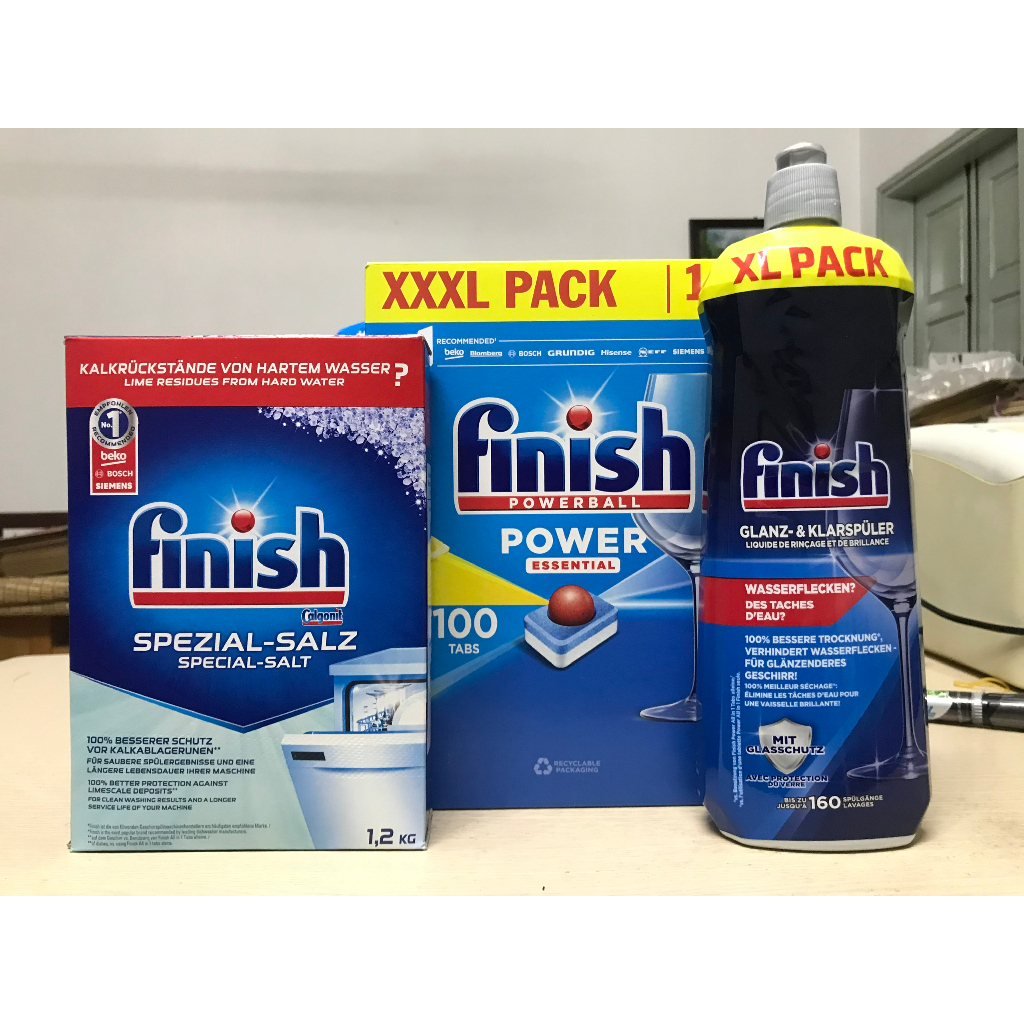 Combo Phổ Thông : Viên Rửa Chén Bát Finish Essential Hương Chanh 100v + Muối 1,2kg + Nước Làm Bóng 800 ML