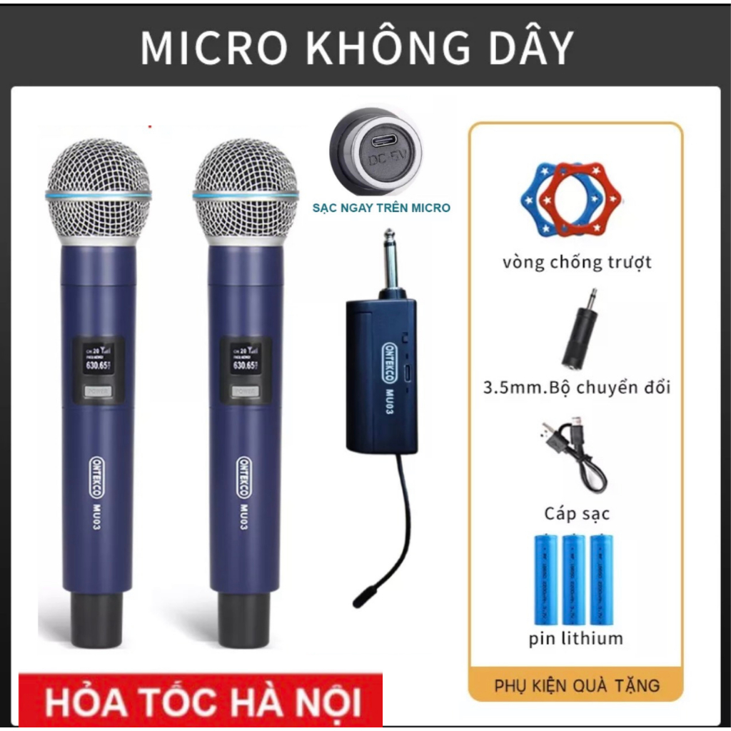 Bộ 02 Micro Karaoke Không dây ONTEKCO MU03 Cao cấp, hiện thị tần số, Chuyên dụng cho mọi Loa kéo, Amply