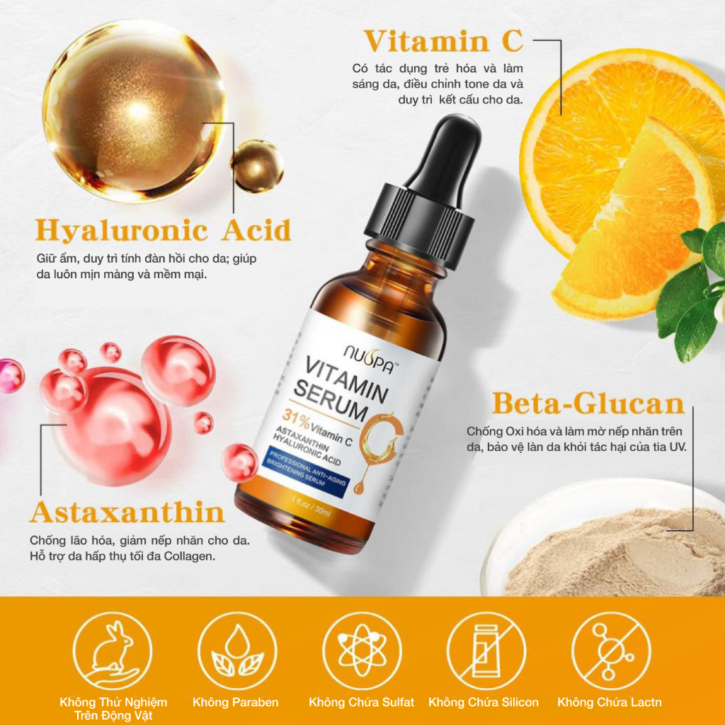 Tinh chất dưỡng da NUSPA Vitamin C Serum 31% hữu cơ giúp giảm thâm sáng da 30ml/60ml
