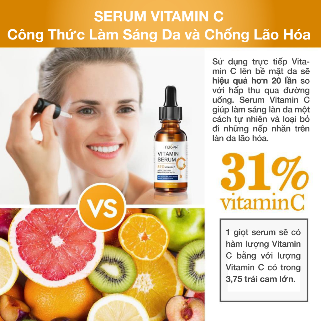 Tinh chất dưỡng da NUSPA Vitamin C Serum 31% hữu cơ giúp giảm thâm sáng da 30ml/60ml