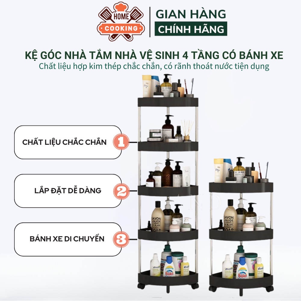 Kệ góc nhà tắm nhà vệ sinh, giá để đồ đa năng 4 tầng có bánh xe lắp ghép khung kim loại chắc chắn, có rãnh thoát nước