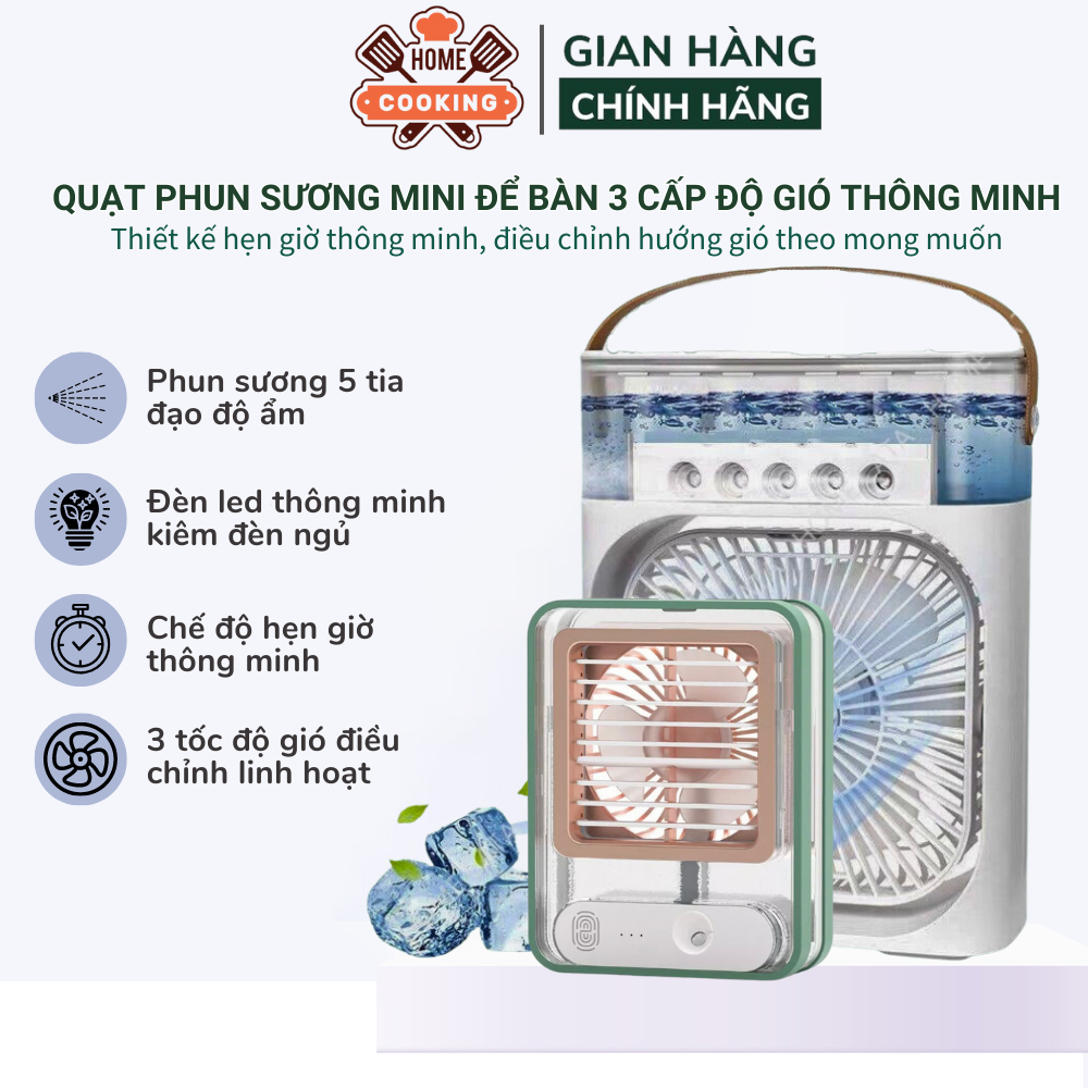 Quạt điều hoà mini phun sương, quạt hơi nước mini 3 tốc độ gió dung tích bình chứa 600ml, hẹn giờ thông minh có đèn led