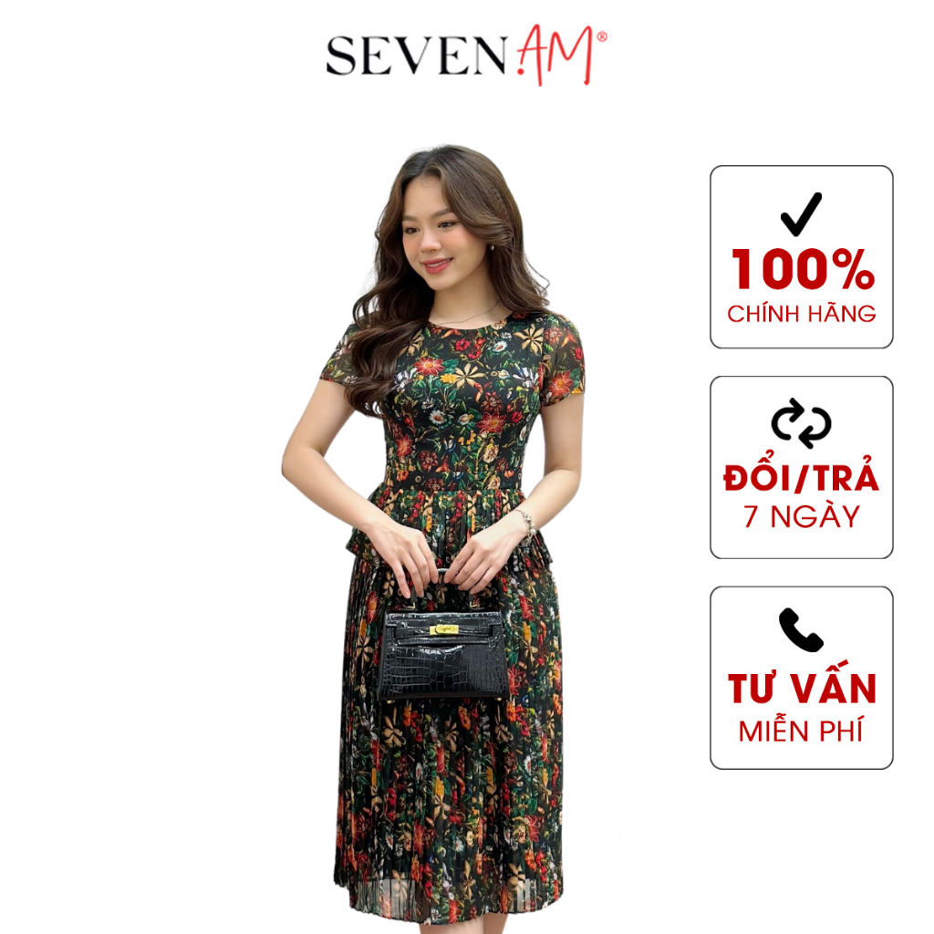 Đầm midi tay cộc sifong đen hoa cam dập ly bèo Seven AM H643079C