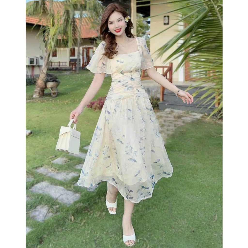 Đầm voan nữ hoa tay xòe xếp ly eo có mút dự tiệc