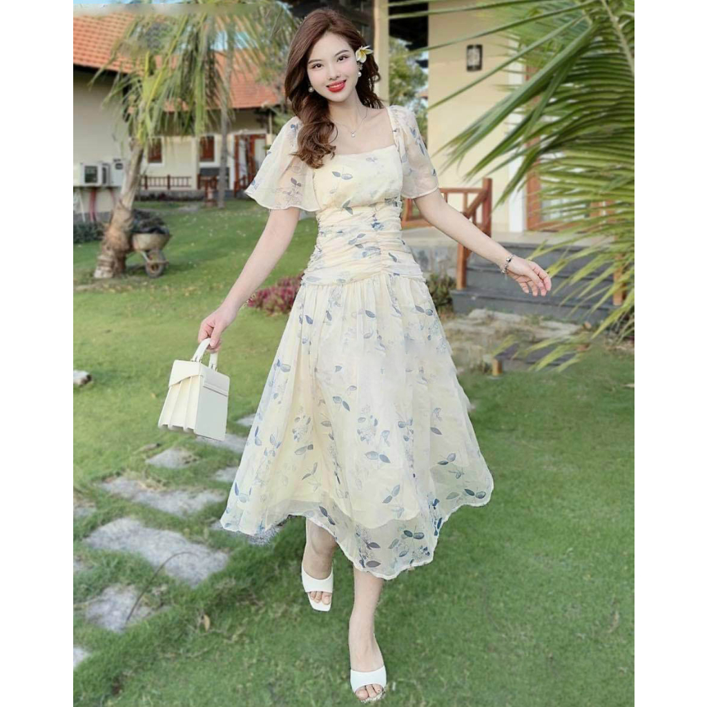 Đầm voan nữ hoa tay xòe xếp ly eo có mút dự tiệc