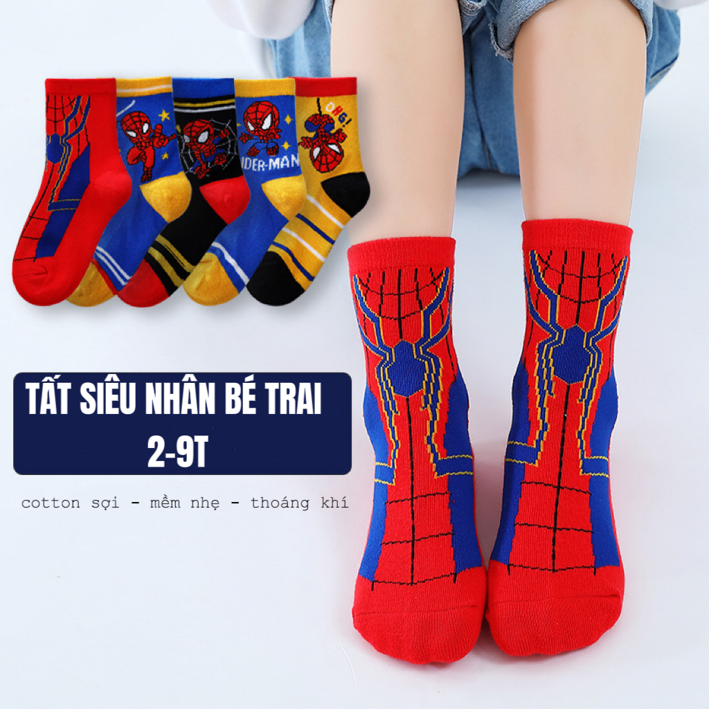 Tất Bé Trai, Vớ Cho Bé Len Gân Họa Tiết Người Nhện Siêu Anh Hùng, Set 5 Đôi Dành Cho Trẻ Em Chất Cotton Thoáng Khí