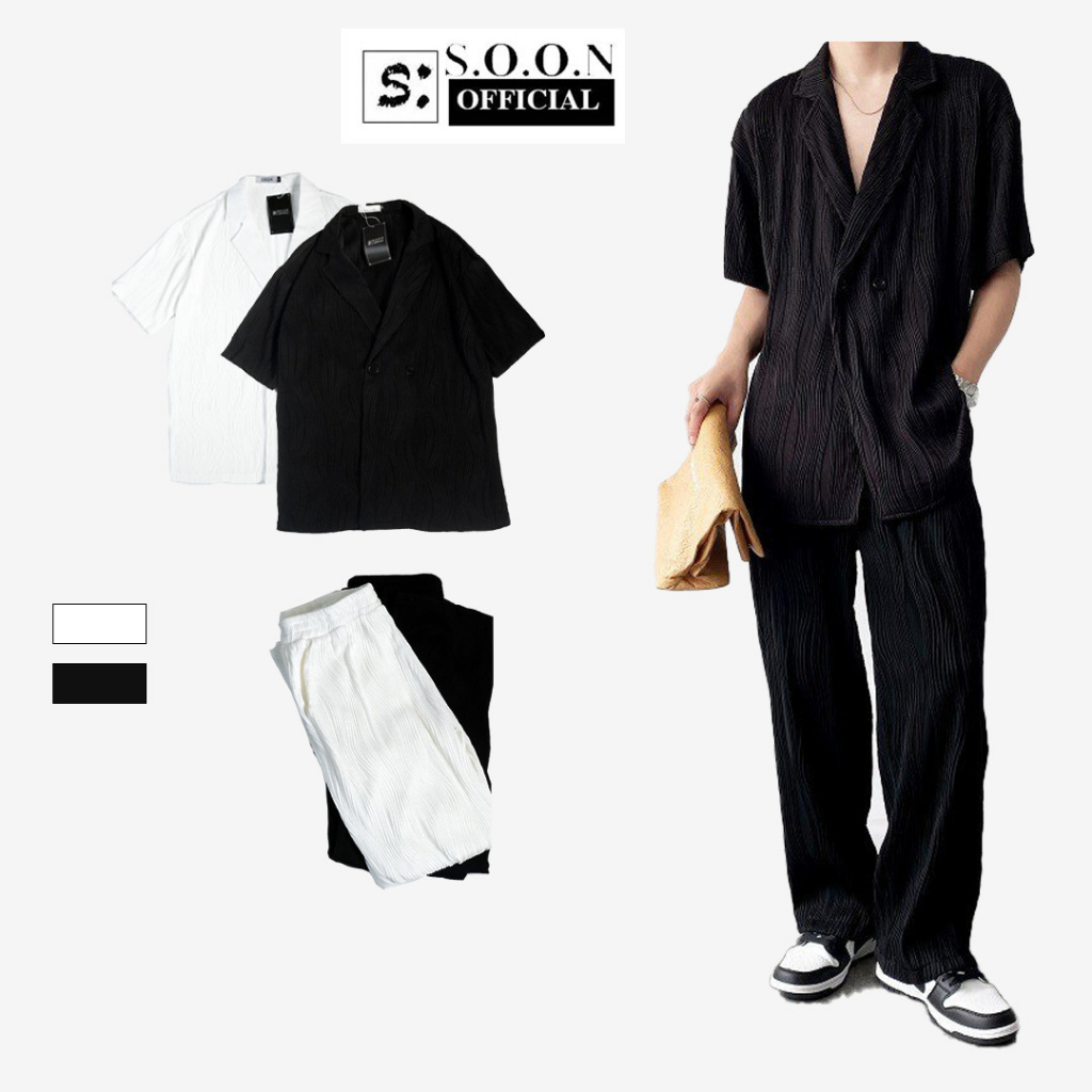 Set đồ nam SOON gồm áo blazer ngắn tay kèm quần ống suông chất liệu gân sóng DB01