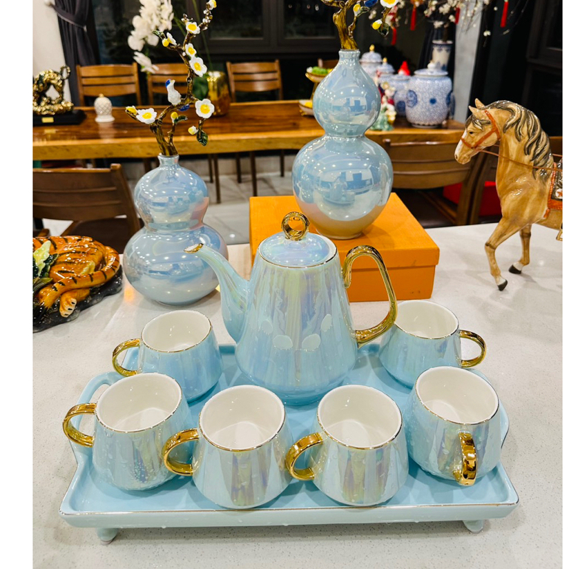 Bộ ấm chén sứ decor, Bộ bình nước gốm sứ men ánh ngọc trai sang chảnh