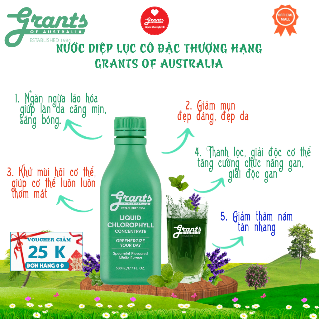 Nước diệp lục cô đặc Grants - Chai 500ml, Ngăn ngừa mụn, giải độc gan, giảm nóng trong, tăng sinh hồng cầu. đẹp dáng
