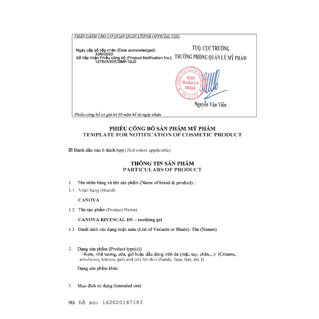 CANOVA RIVESCAL DS - SOOTHING GEL / Gel làm dịu da, ngăn ngừa tiết bã nhờn 50ml