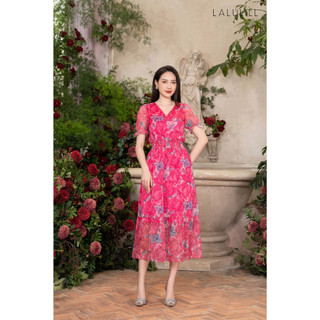 Đầm maxi cổ V LALULILL eo chun voan tơ hoa hồng LDL2303502