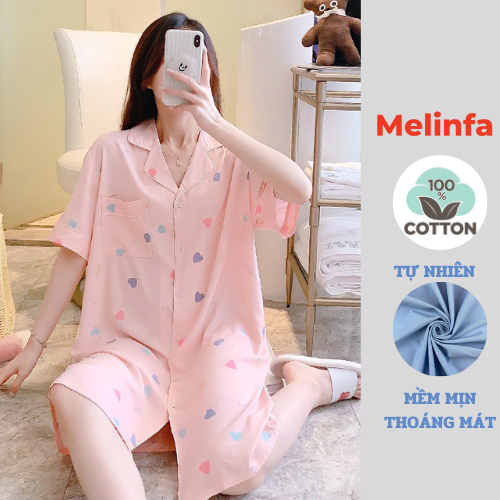 Váy ngủ ngắn tay vải Cotton lụa tự nhiên mềm mại thoáng mát, đầm mặc nhà mùa hè mã VAV0409