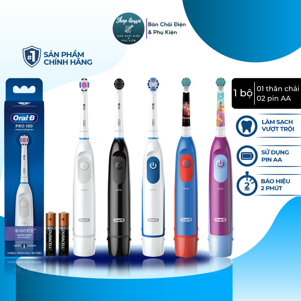 Bàn Chải Dùng Pin Oral-B Pro 100 Battery - Công Nghệ ProCore Mạnh Mẽ, 2 Pin AA, Hẹn Giờ 2-Phút, Nhiều Loại Đầu & Màu Sắc