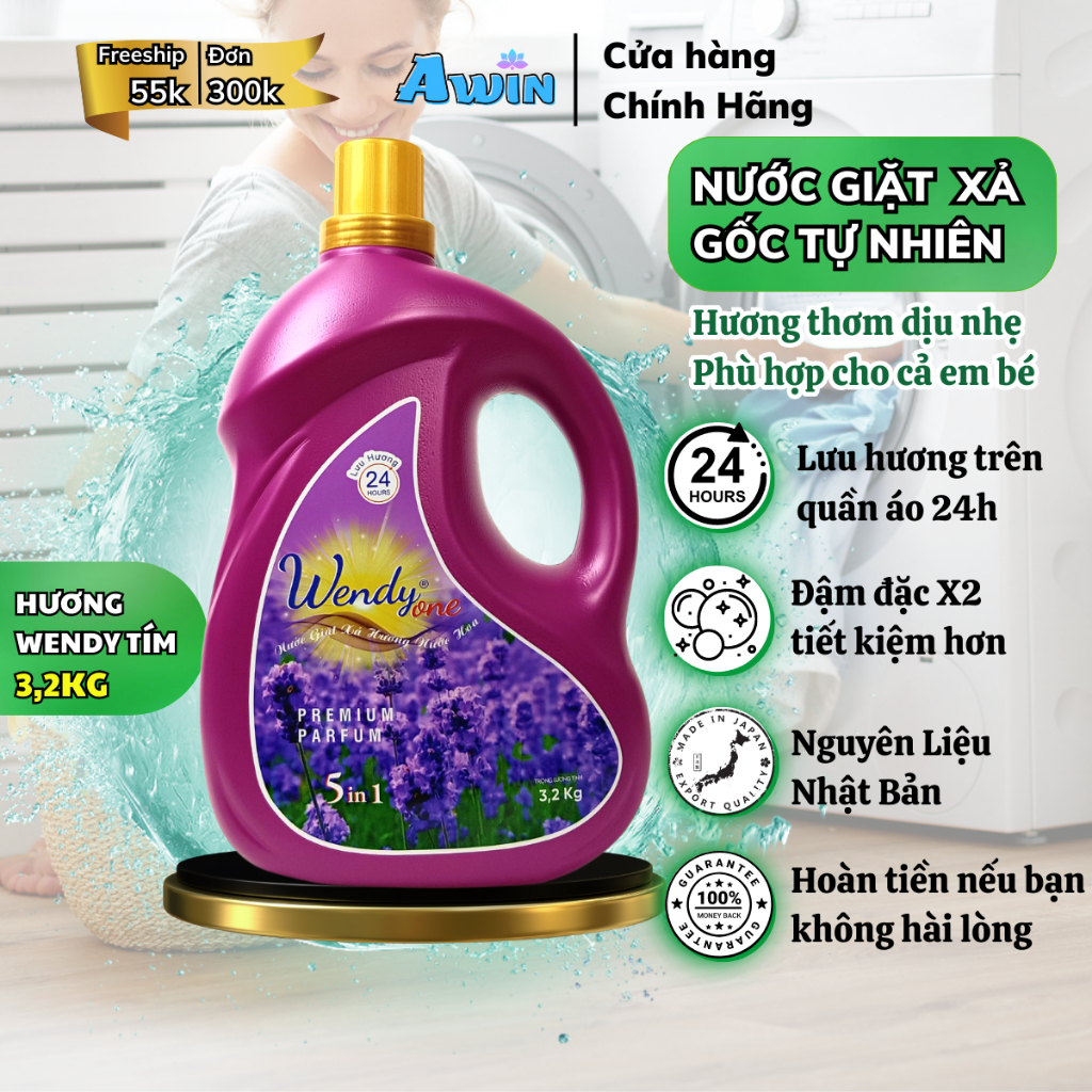 Nước giặt Wendy One máy giặt cửa trước sinh hoc an toàn cho bé, nước giặt thái lan nước giặt quần áo hương comfort 3.2kg