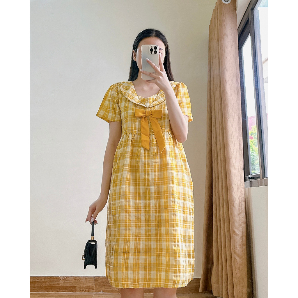 Đầm Bầu Babydoll Thiết Kế Thời Trang Công Sở Hàn Quốc Kẻ Họa Tiết Cúc Ngực, Chất Liệu Kate Hàn Cao Cấp Fullsize 40-85 kg