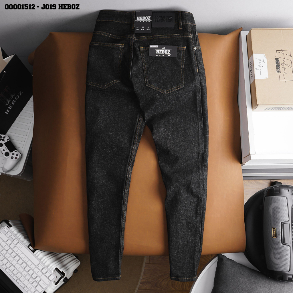 Quần jean indigo đen slim Heboz J019, chất denim mềm co giãn tốt form slimfit - 00001512