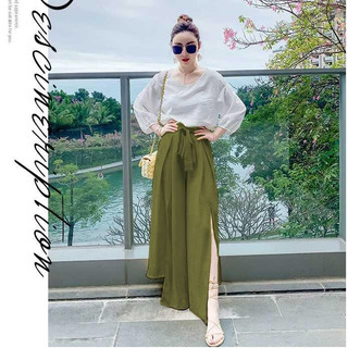 Set Áo + Quần Dài Thắt Nơ Xẻ Tà TP01 - Rêu