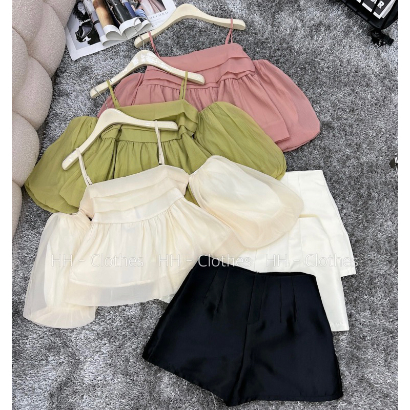 SET ÁO 2 DÂY NGANG VAI TAY BỒNG CHẤT TƠ 2 LỚP KÈM QUẦN SOOC TACTA CHUN SAU XỊN ĐẸP CHO NỮ.