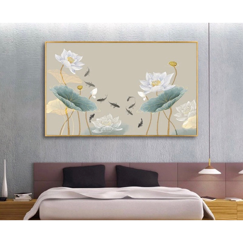 Tranh hoa sen nghệ thuật. Đóng khung hoàn thiện.size 50x80