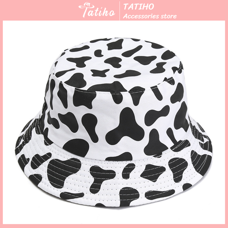 Mũ bucket unisex nam nữ, Nón vành ngắn chất cotton họa tiết bò sữa phong cách dễ thương thời trang Hàn Quốc - Mã NV012
