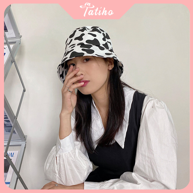 Mũ bucket unisex nam nữ, Nón vành ngắn chất cotton họa tiết bò sữa phong cách dễ thương thời trang Hàn Quốc - Mã NV012