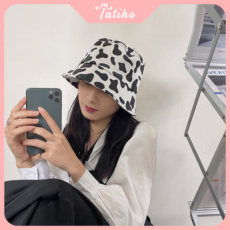 Mũ bucket unisex nam nữ, Nón vành ngắn chất cotton họa tiết bò sữa phong cách dễ thương thời trang Hàn Quốc - Mã NV012