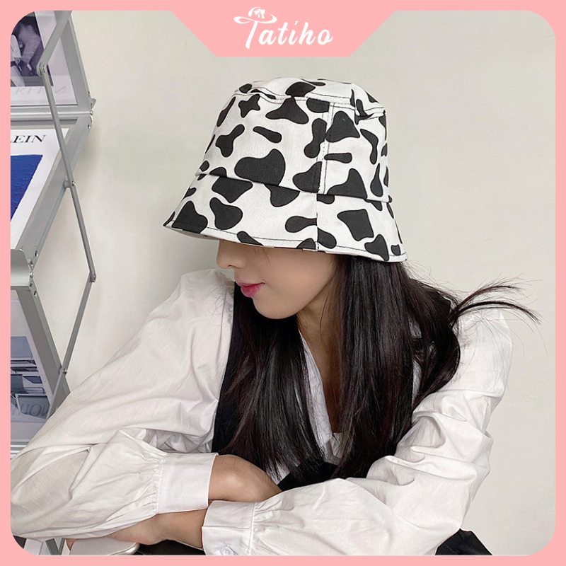 Mũ bucket unisex nam nữ, Nón vành ngắn chất cotton họa tiết bò sữa phong cách dễ thương thời trang Hàn Quốc - Mã NV012