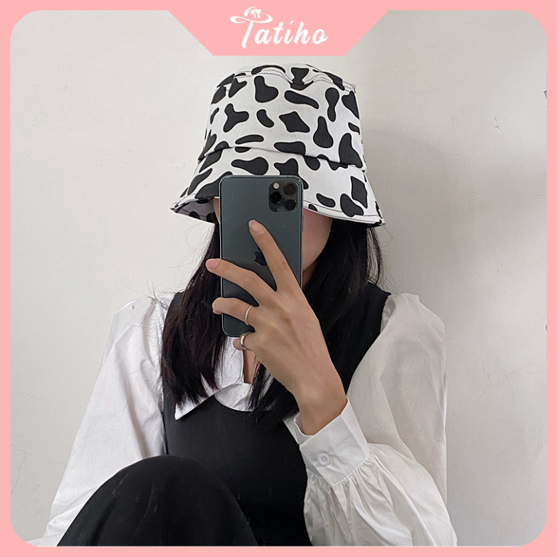 Mũ bucket unisex nam nữ, Nón vành ngắn chất cotton họa tiết bò sữa phong cách dễ thương thời trang Hàn Quốc - Mã NV012