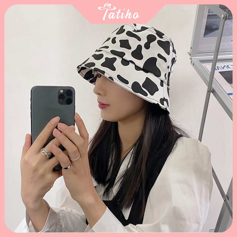 Mũ bucket unisex nam nữ, Nón vành ngắn chất cotton họa tiết bò sữa phong cách dễ thương thời trang Hàn Quốc - Mã NV012