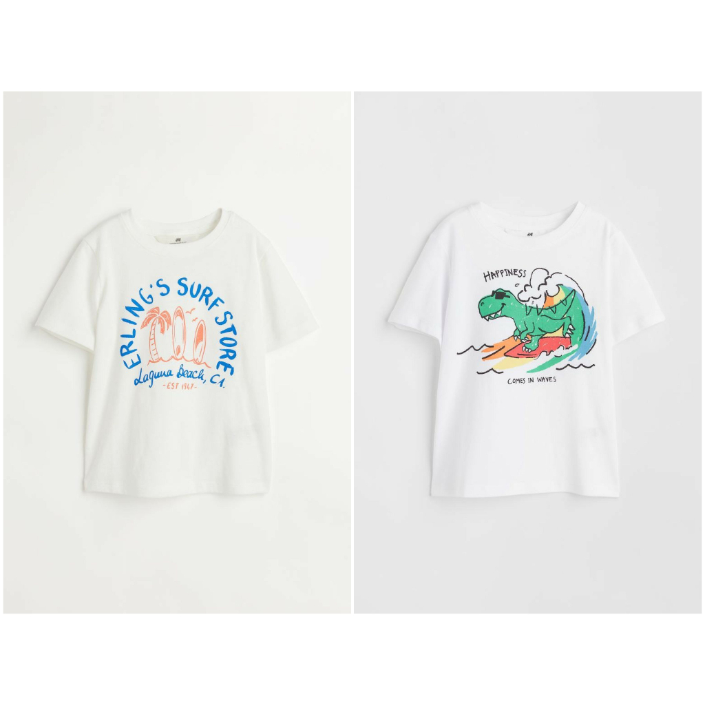 Áo phông trắng xanh khủng long suft 1023624015 HM H&M_ hàng chính hãng authentic